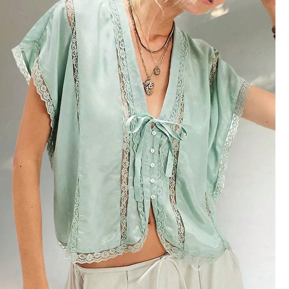 Lace Insert Button Down V neck Loose Fit Satin Blouse - Picture 2 of 6